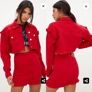PrettyLittleThing Red Cropped Jacket & Skirt